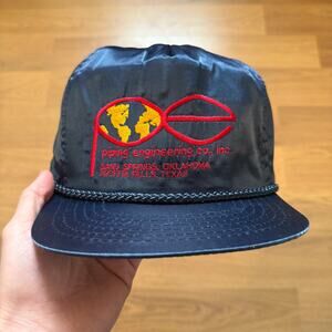 Vintage 90's Piping & Engineering Co. Inc. Navy Blue Satin Strapback Hat Cap VTG